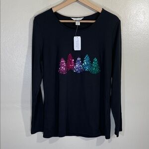 NWT Christopher & Banks Black Long Sleeve Top with Sequin Trees